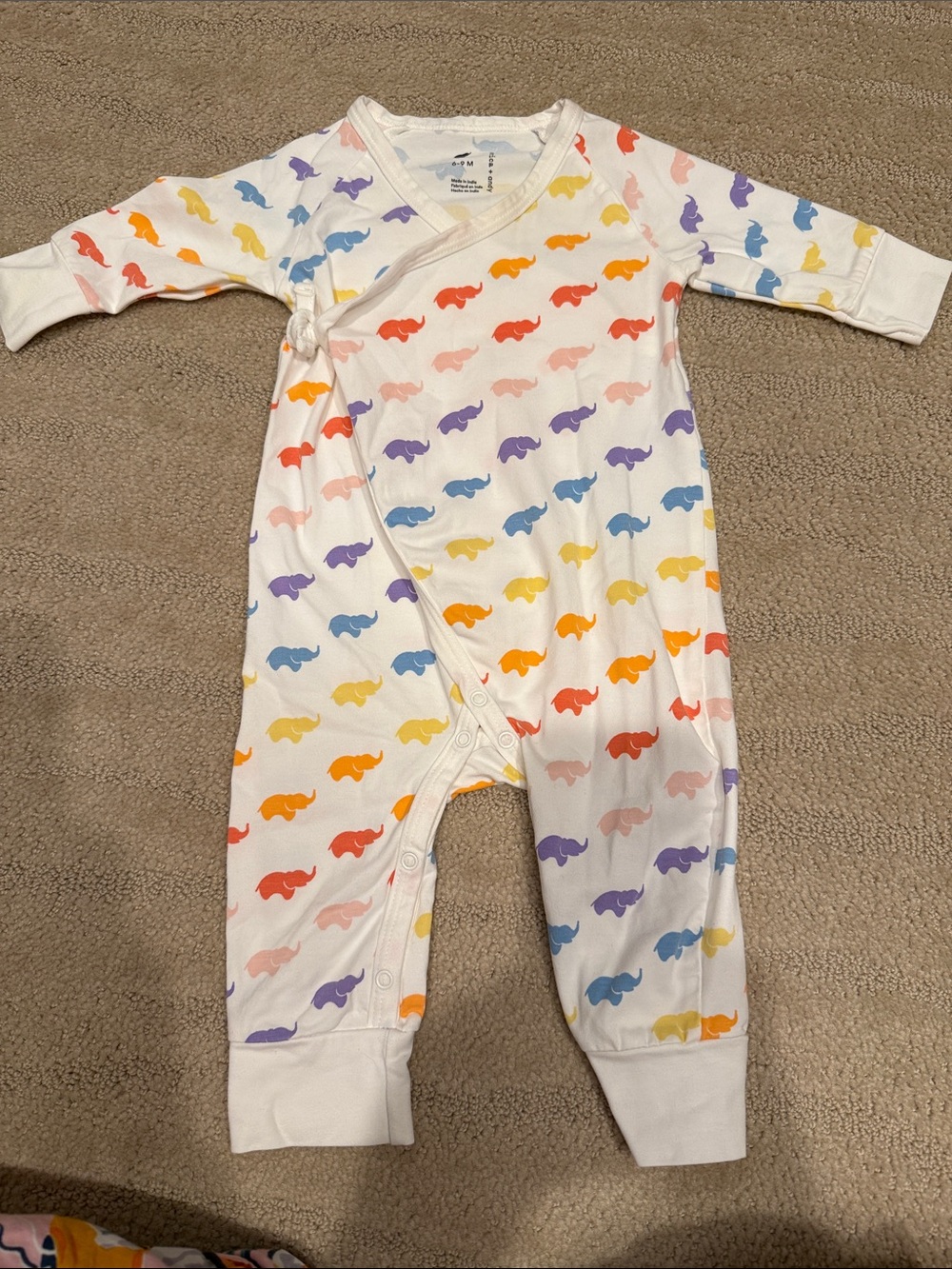 Baby One-Piece Romper with Rainbow Elephant Print - White